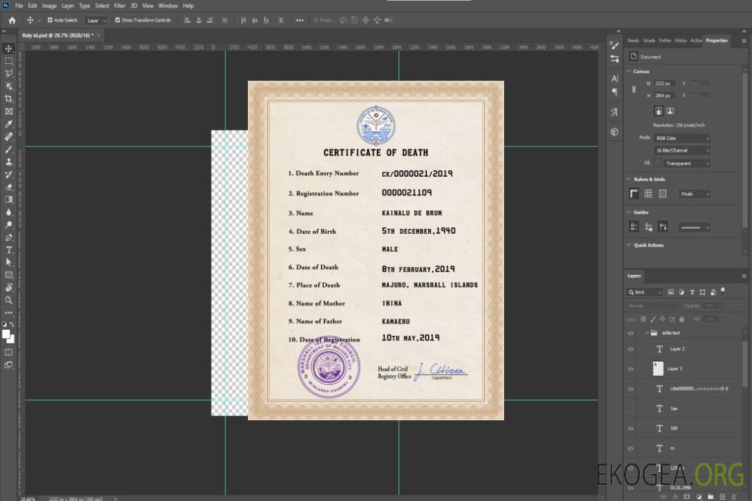 Modèle PSD de certificat de décès des Îles Marshall template
